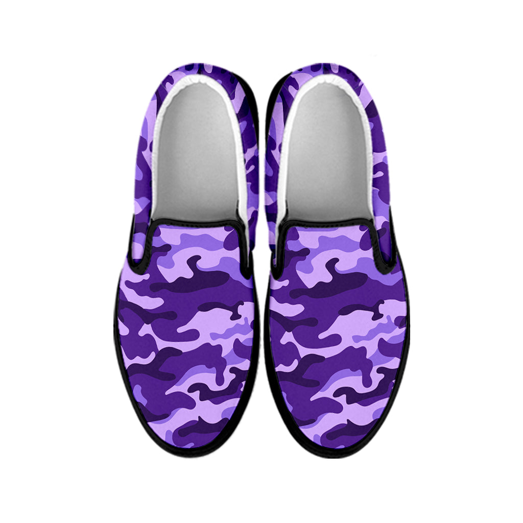 Purple Camouflage Print Black Slip On Sneakers