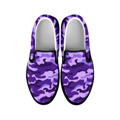 Purple Camouflage Print Black Slip On Sneakers