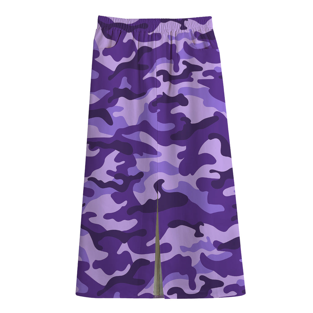 Purple Camouflage Print Cotton Front Slit Maxi Skirt