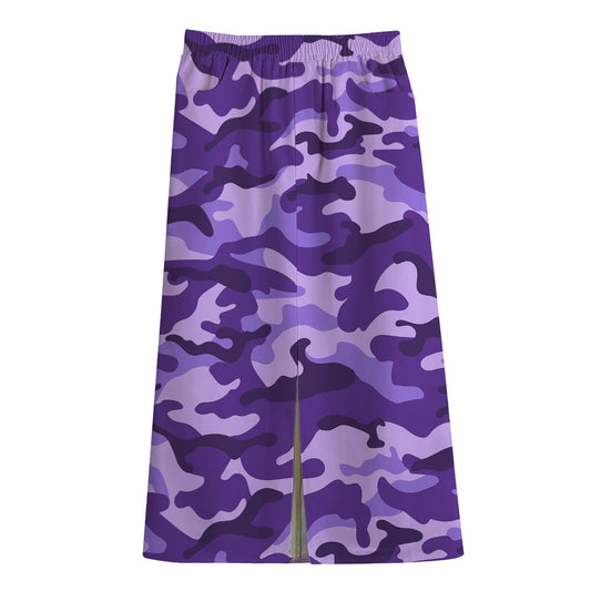 Purple Camouflage Print Cotton Front Slit Maxi Skirt