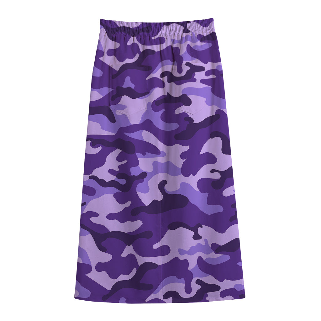 Purple Camouflage Print Cotton Front Slit Maxi Skirt