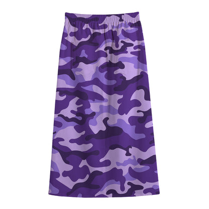 Purple Camouflage Print Cotton Front Slit Maxi Skirt