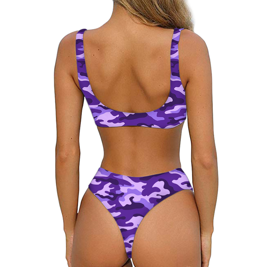 Purple Camouflage Print Front Bow Tie Bikini