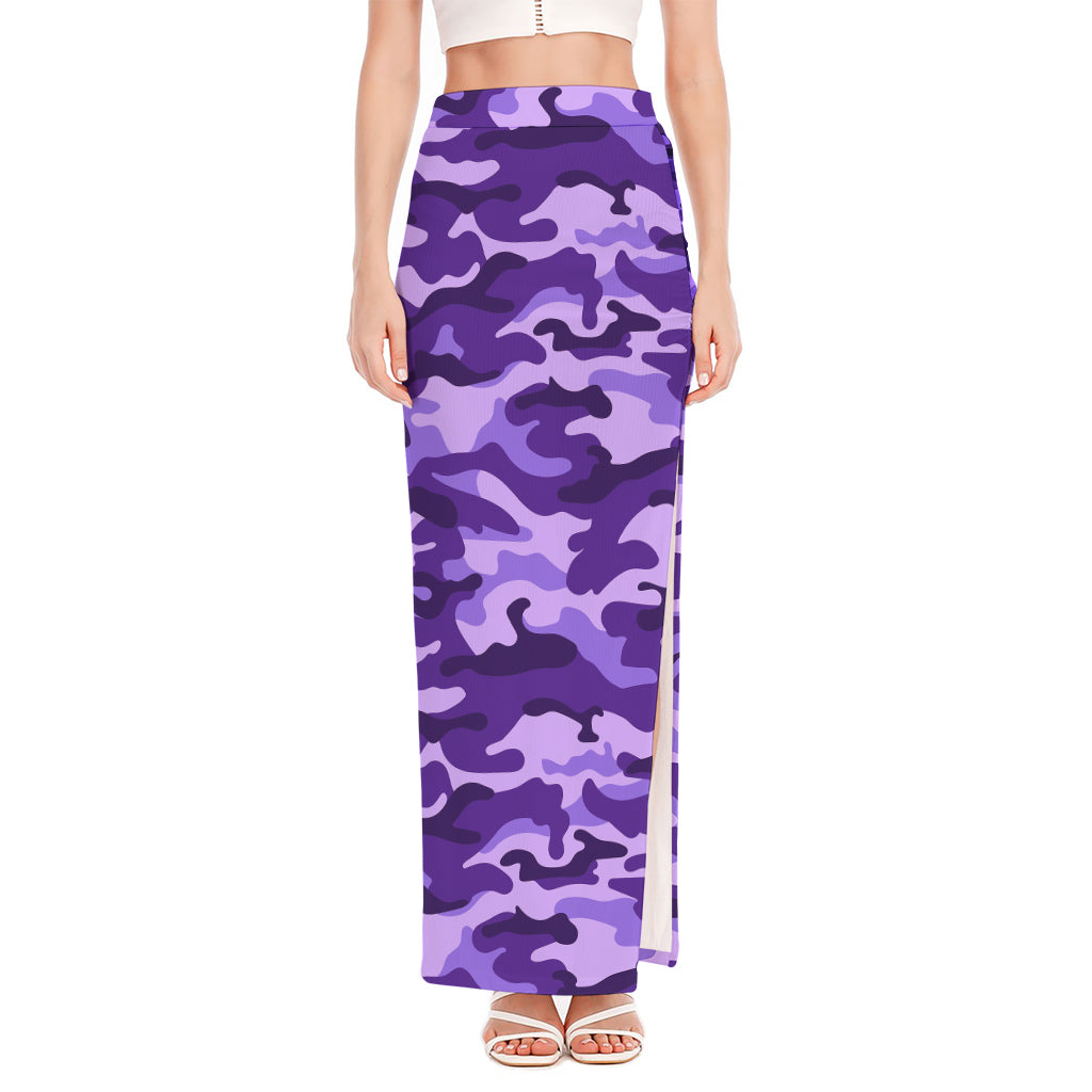 Purple Camouflage Print High Slit Maxi Skirt
