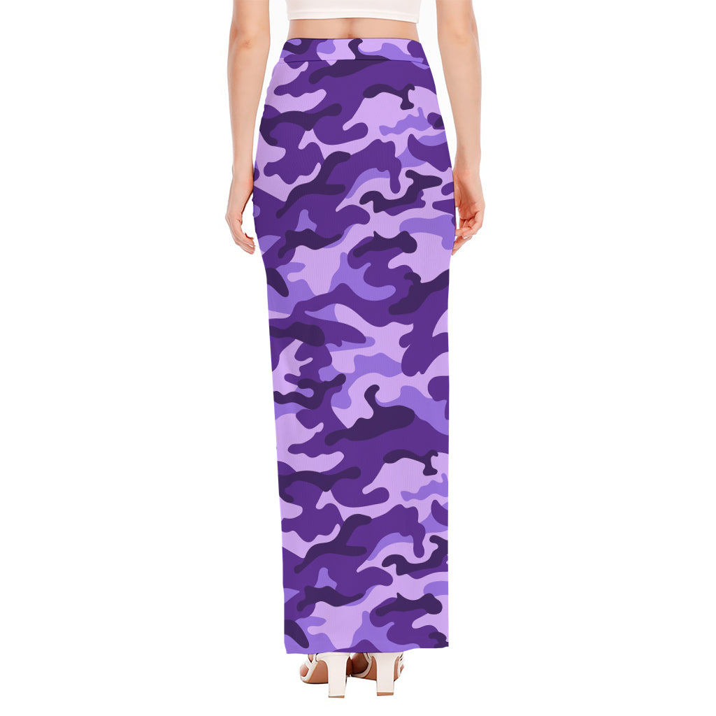 Purple Camouflage Print High Slit Maxi Skirt