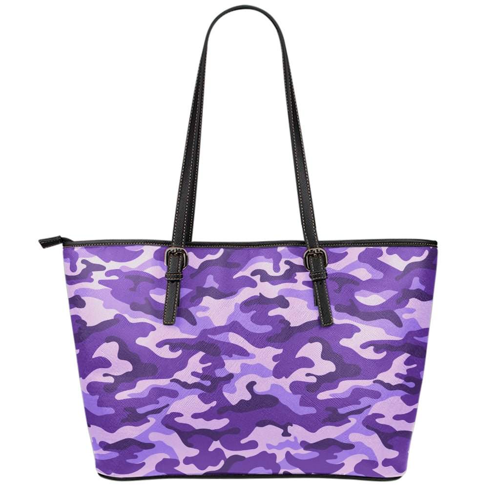 Purple Camouflage Print Leather Tote Bag