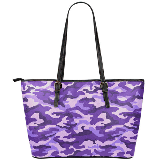 Purple Camouflage Print Leather Tote Bag