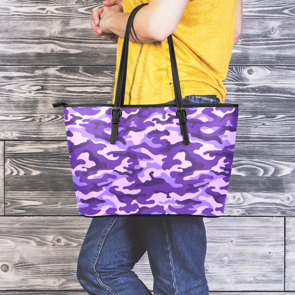 Purple Camouflage Print Leather Tote Bag