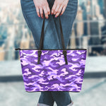 Purple Camouflage Print Leather Tote Bag