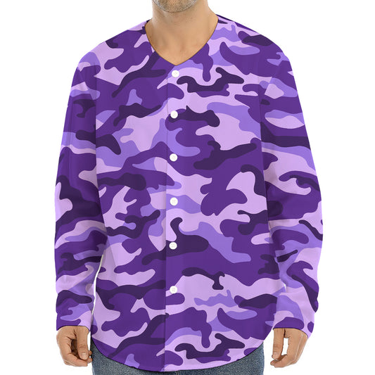 Purple Camouflage Print Long Sleeve Baseball Jersey