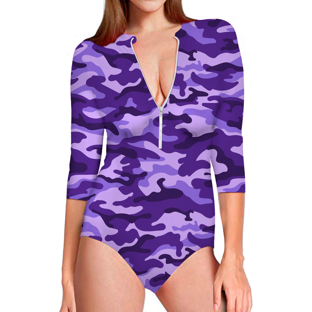 Purple Camouflage Print Long Sleeve Swimsuit