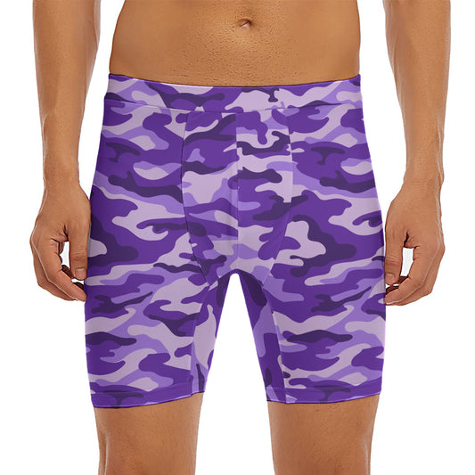 Purple Camouflage Print Men's Long Boxer Briefs