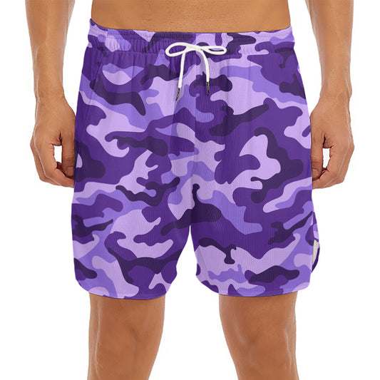 Purple Camouflage Print Men's Split Running Shorts