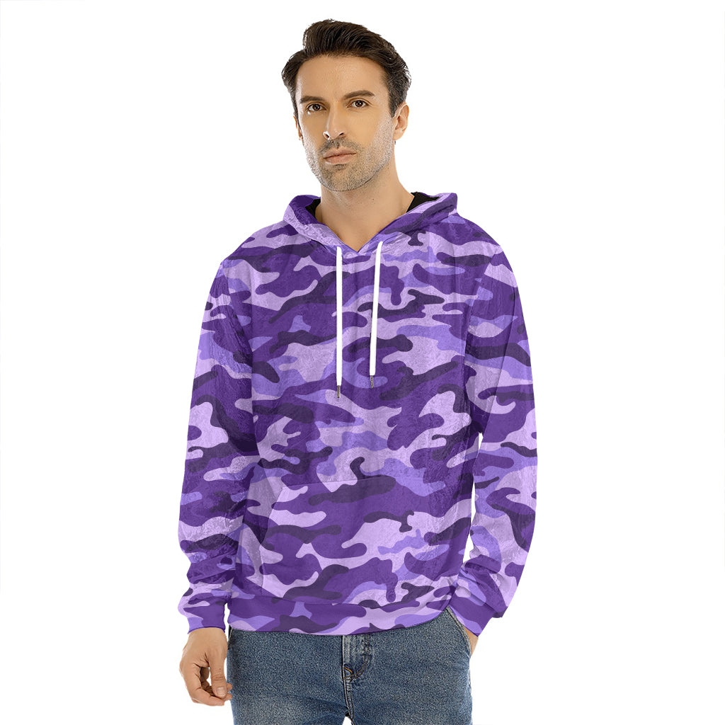 Purple Camouflage Print Men's Velvet Pullover Hoodie