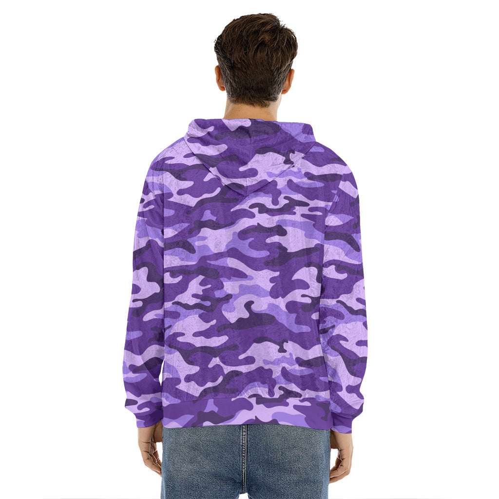 Purple Camouflage Print Men's Velvet Pullover Hoodie