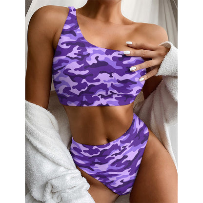 Purple Camouflage Print One Shoulder Bikini Top