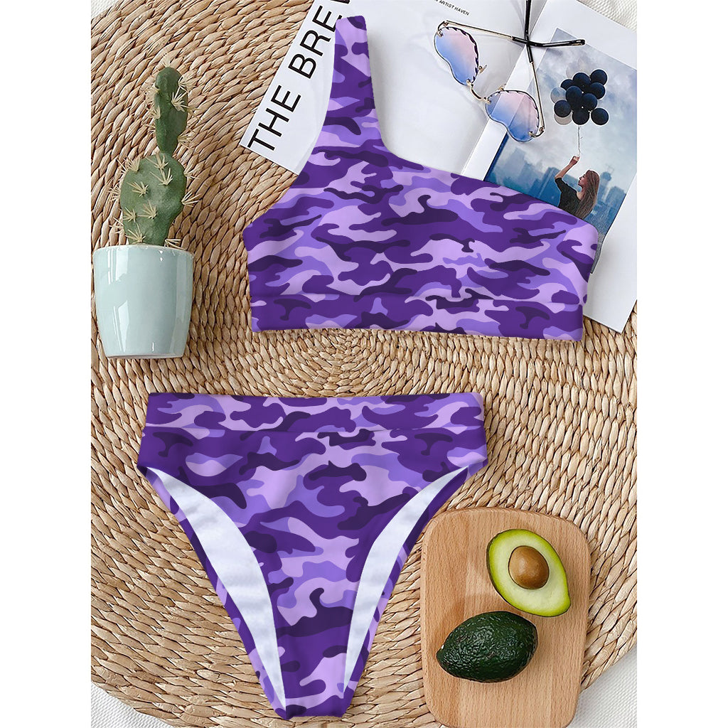Purple Camouflage Print One Shoulder Bikini Top