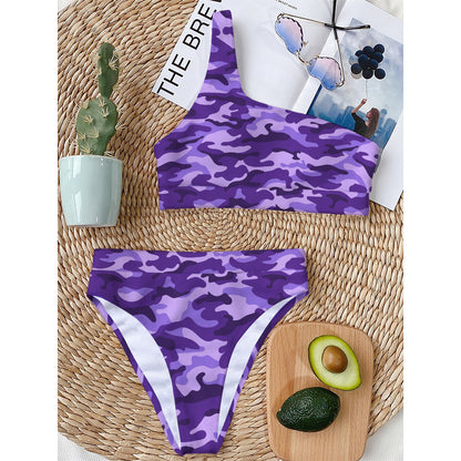 Purple Camouflage Print One Shoulder Bikini Top
