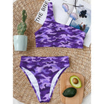 Purple Camouflage Print One Shoulder Bikini Top