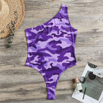 Purple Camouflage Print One Shoulder Bodysuit