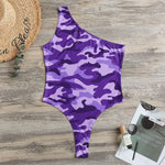 Purple Camouflage Print One Shoulder Bodysuit