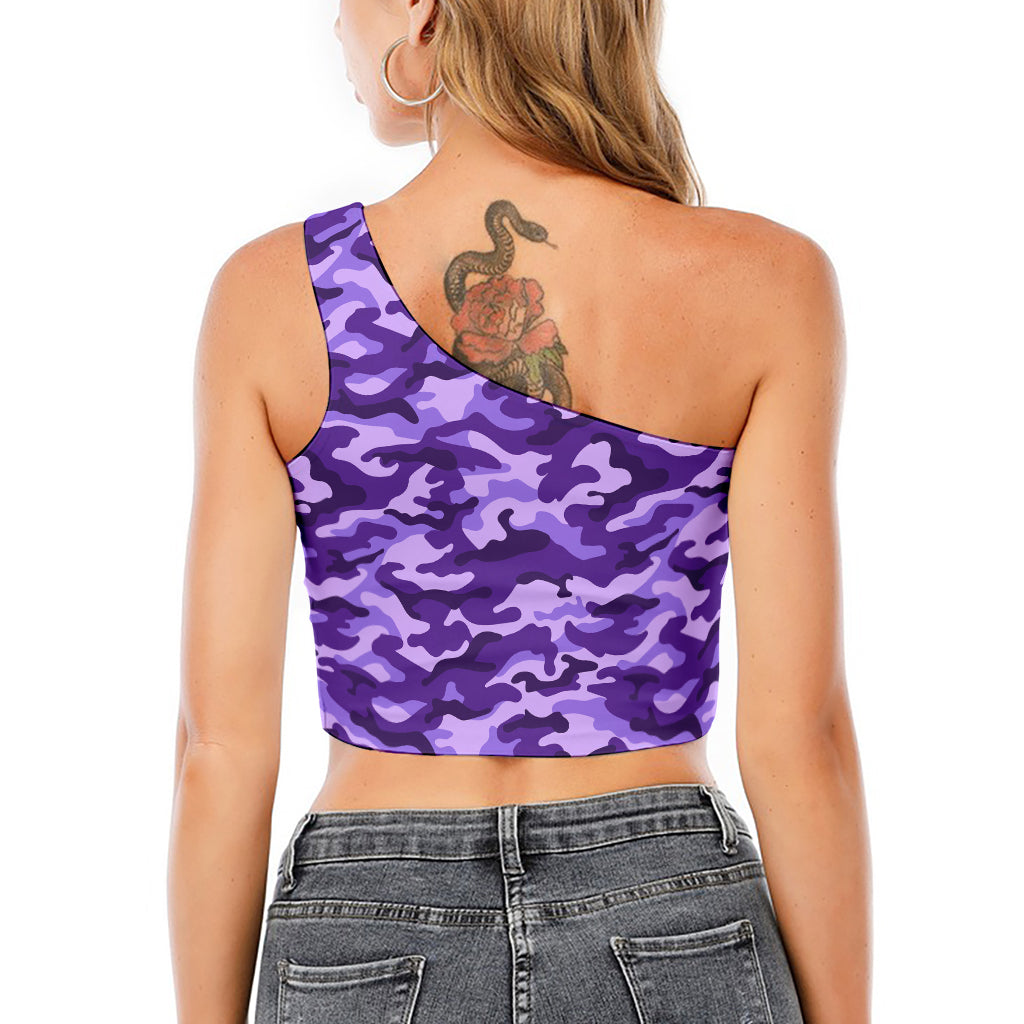 Purple Camouflage Print One Shoulder Crop Top