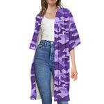 Purple Camouflage Print Open Front Beach Cover Up