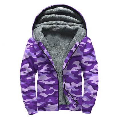 Purple Camouflage Print Sherpa Lined Zip Up Hoodie