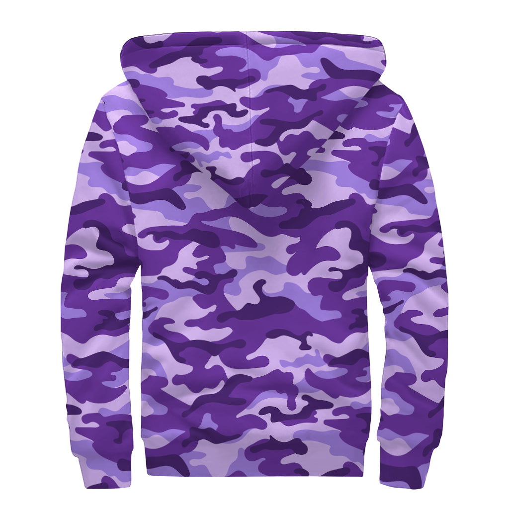 Purple Camouflage Print Sherpa Lined Zip Up Hoodie