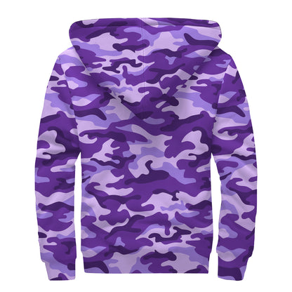 Purple Camouflage Print Sherpa Lined Zip Up Hoodie