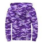 Purple Camouflage Print Sherpa Lined Zip Up Hoodie