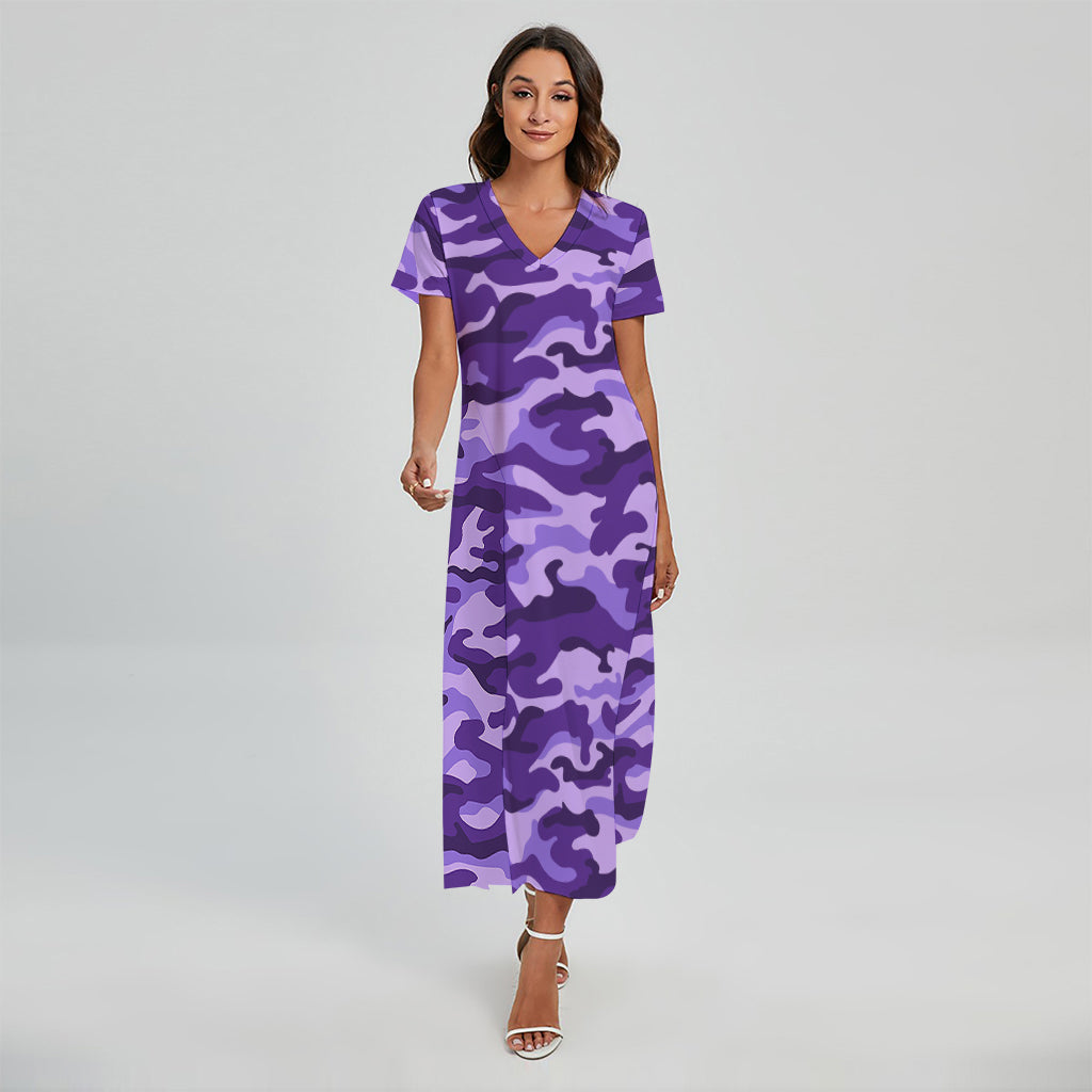 Purple Camouflage Print Short Sleeve Maxi Dress