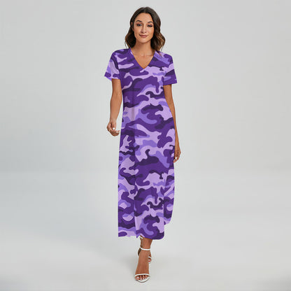 Purple Camouflage Print Short Sleeve Maxi Dress