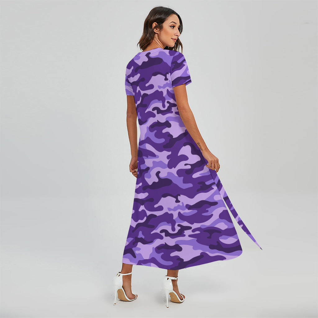 Purple Camouflage Print Short Sleeve Maxi Dress