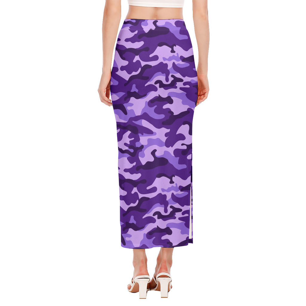 Purple Camouflage Print Side Slit Maxi Skirt