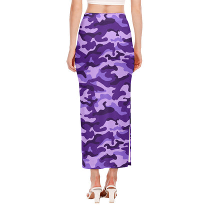Purple Camouflage Print Side Slit Maxi Skirt