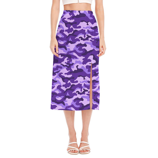 Purple Camouflage Print Side Slit Midi Skirt