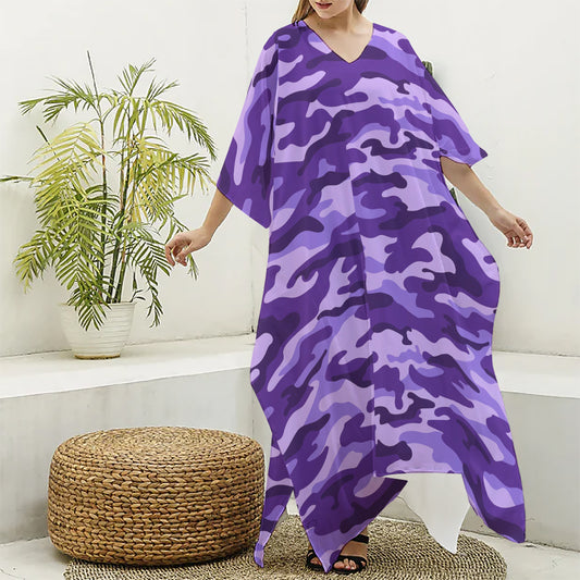 Purple Camouflage Print Silk V-Neck Kaftan Dress