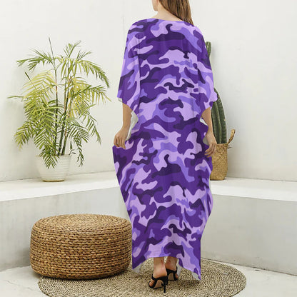 Purple Camouflage Print Silk V-Neck Kaftan Dress