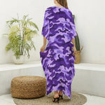 Purple Camouflage Print Silk V-Neck Kaftan Dress