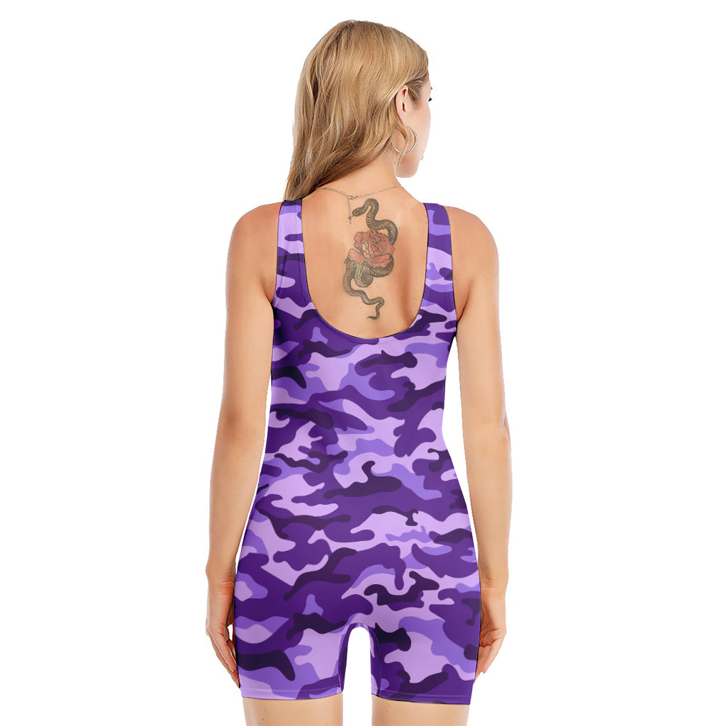 Purple Camouflage Print Sleeveless One Piece Swimsuit