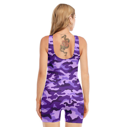 Purple Camouflage Print Sleeveless One Piece Swimsuit