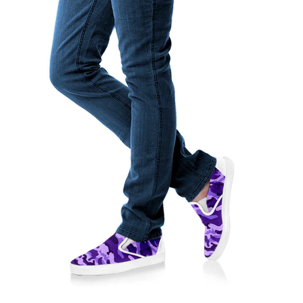 Purple Camouflage Print White Slip On Sneakers