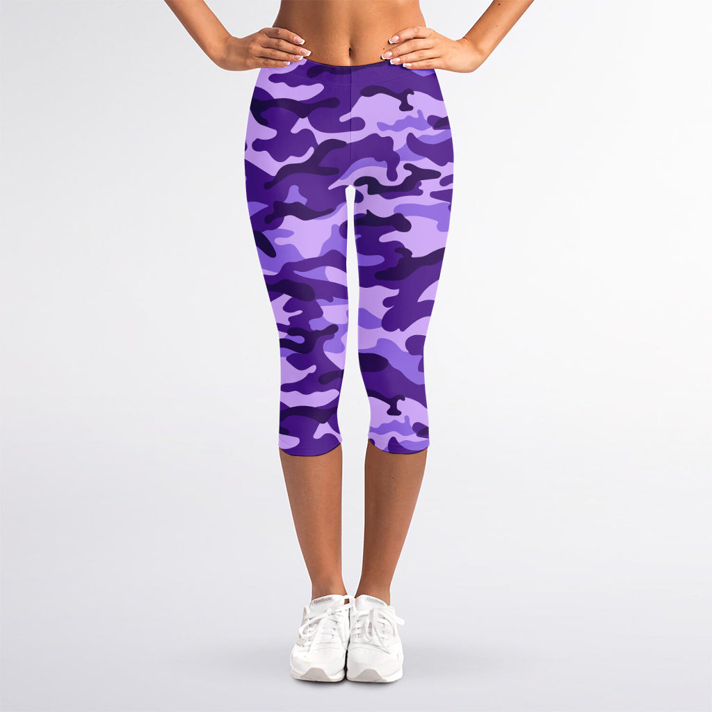Purple Camouflage Print Women's Capri Leggings