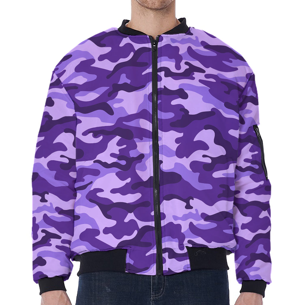 Purple Camouflage Print Zip Sleeve Bomber Jacket