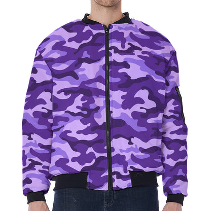 Purple Camouflage Print Zip Sleeve Bomber Jacket