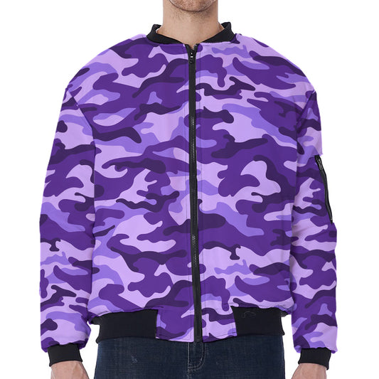 Purple Camouflage Print Zip Sleeve Bomber Jacket