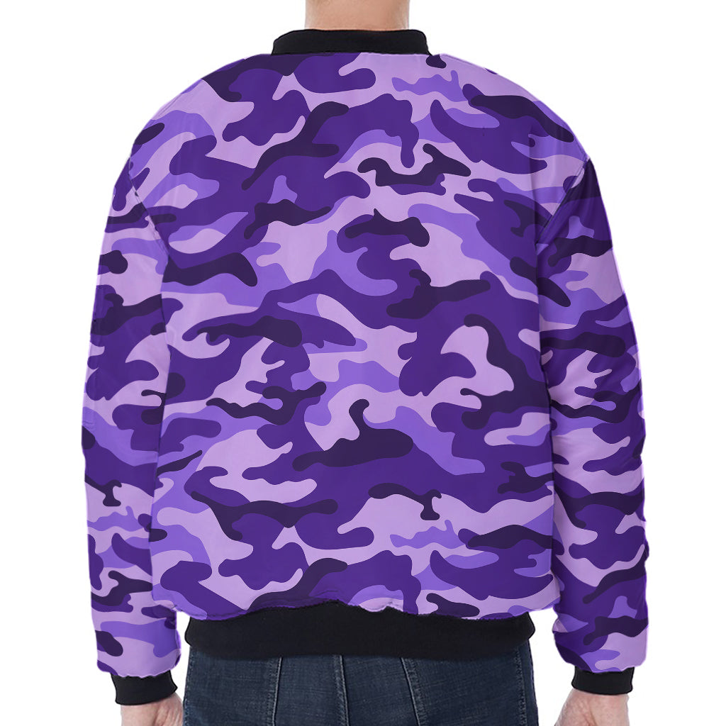Purple Camouflage Print Zip Sleeve Bomber Jacket