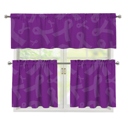 Purple Cancer Awareness Ribbon Print 3 Piece Kitchen Curtains