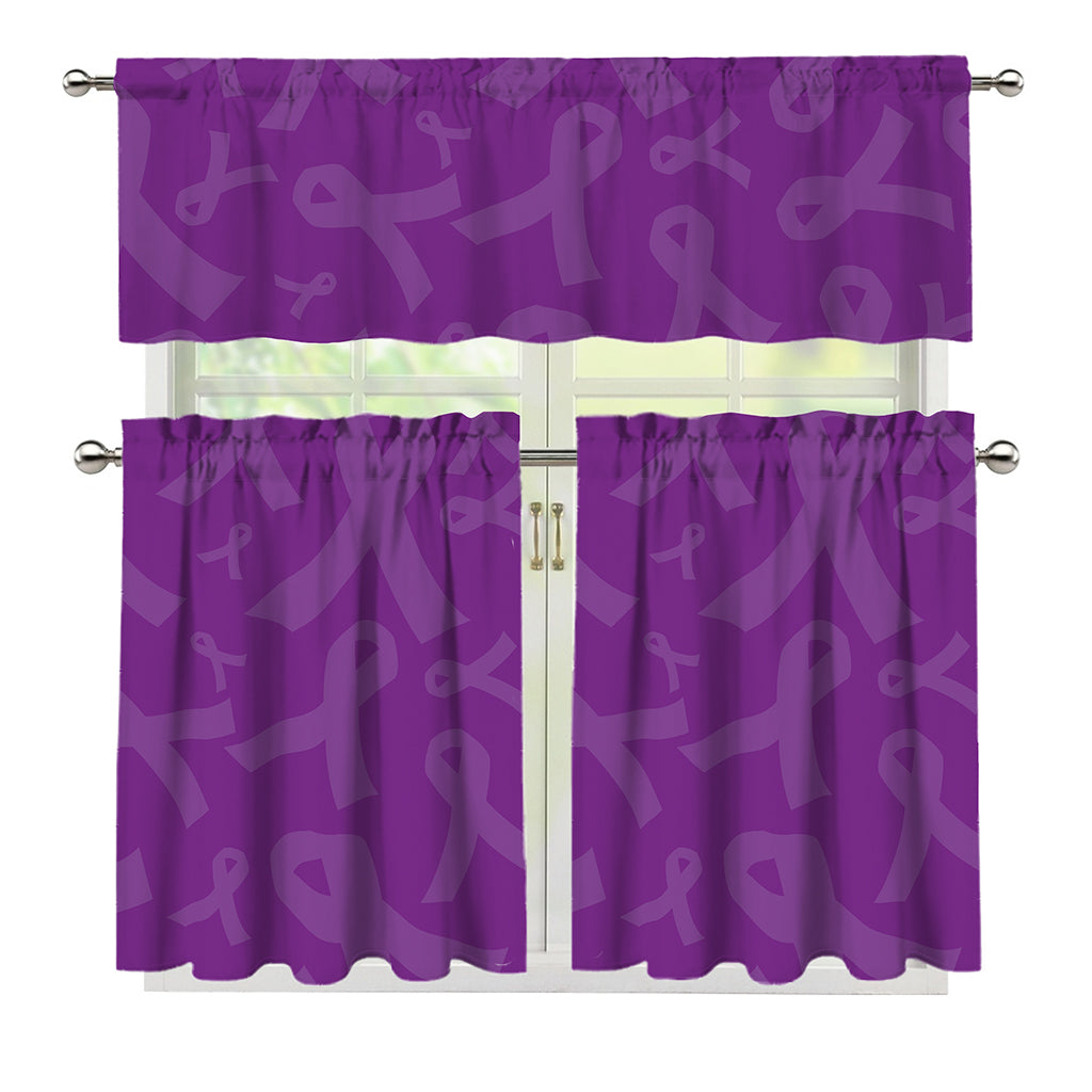 Purple Cancer Awareness Ribbon Print 3 Piece Kitchen Curtains